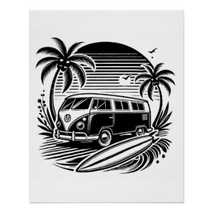 Retro Surven Van & Palm Trees Design Glossy Poster Perfect Poster