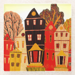 Retro Sweet Home Poster: Cartoon huizen Glazen Onderzetter