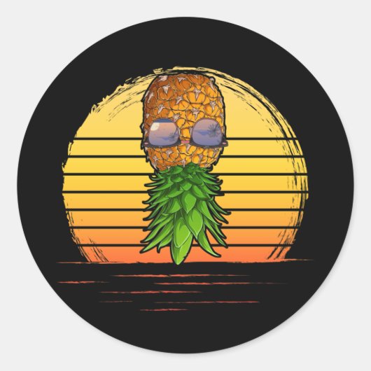Retro Swinger Upside Down Pineapple Sunset Horizon Ronde Sticker (Voorkant)