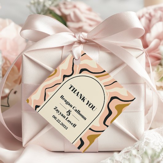 Retro Swirl Arch Roze Zwart Goud Bruiloft Dank u Bedankjes Labels