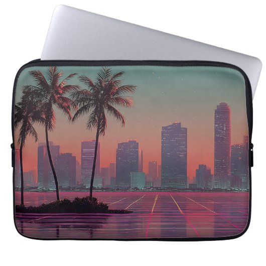 Retro Synthwave Cityscape Sunset Laptop Sleeve (Voorkant)