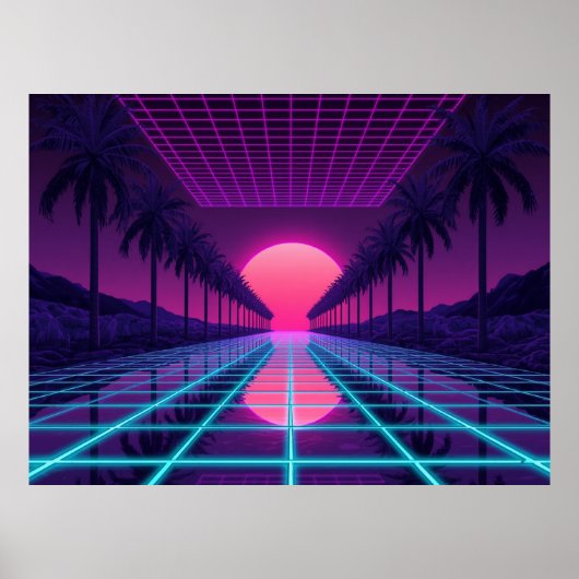 Retro Synthwave Horizon - Neon Grid & Palms Poster (Devant)