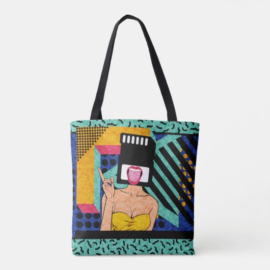 Retro Synthwave SD Kaart Hoofd Pop Art Vrouw Draagtas (Achterkant)