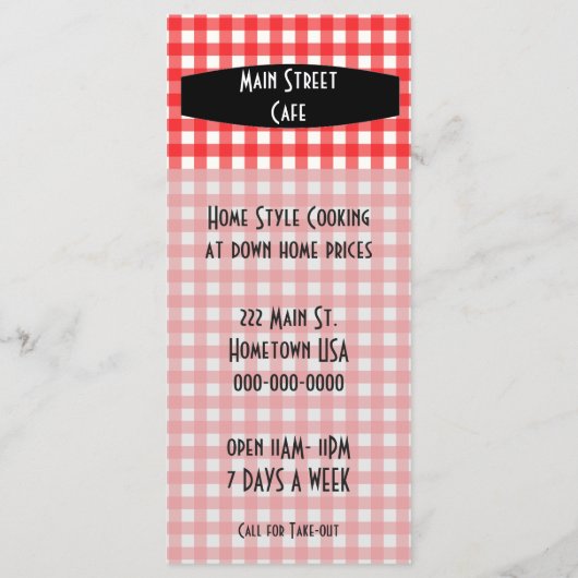 Retro Tablecloth Red Gingham Cafe Menu (Achterkant)