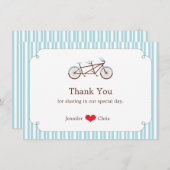 Retro Tandem Bicycle Blue & White Striped Wedding Bedankkaart (Voorkant / Achterkant)