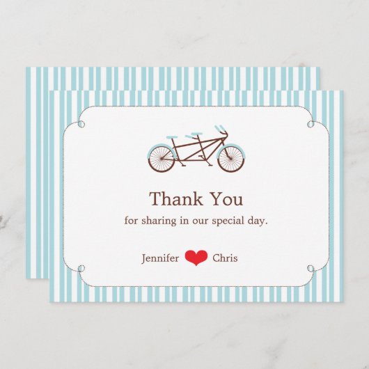 Retro Tandem Bicycle Blue & White Striped Wedding Bedankkaart (Voorkant / Achterkant)