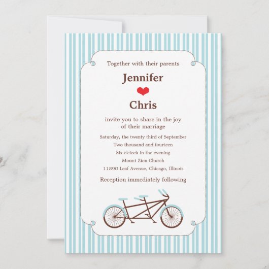 Retro Tandem Bicycle Blue & White Striped Wedding Kaart (Voorkant)