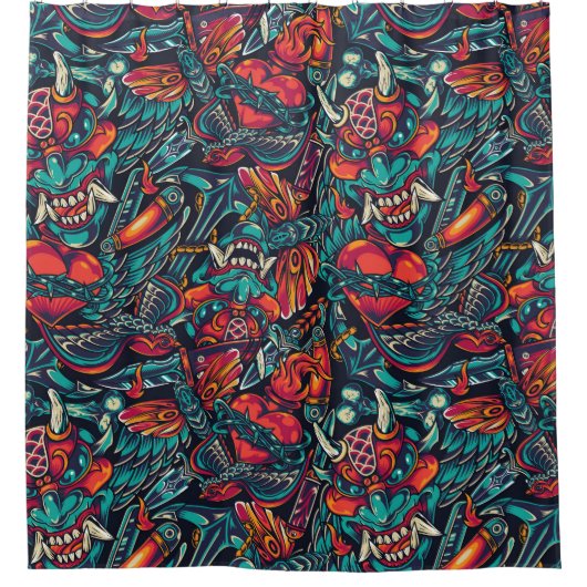 Retro Tattoo Patroon Douchegordijn (Voorkant)