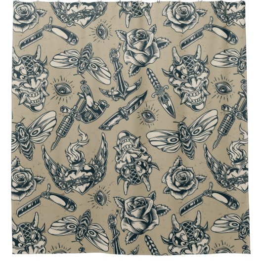 Retro Tattoo Patroon Douchegordijn (Voorkant)