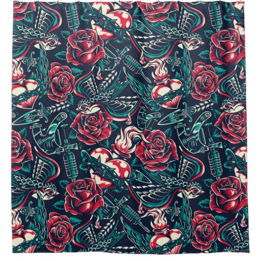 Retro Tattoo Patroon Douchegordijn (Voorkant)