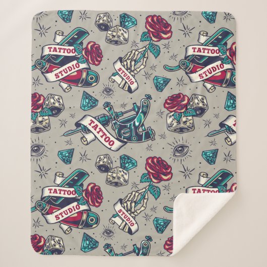 Retro Tattoo Patroon Sherpa Deken (Voorkant)