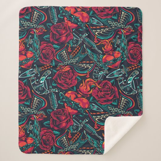 Retro Tattoo Pattern Sherpa Blanket Sherpa Deken (Voorkant)