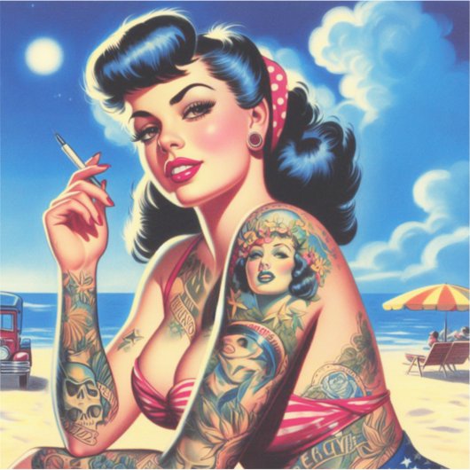 Retro Tattooed Bikini Zomer Pin-up Sticker (Voorkant)