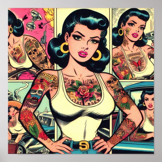 Retro Tattooed Pin-up Comics Poster (Voorkant)