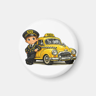 Retro Taxi Chauffeur Jongen met Vintage Gele Auto Magneet