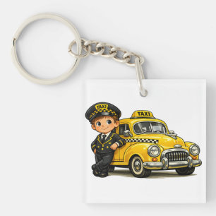 Retro Taxi Chauffeur Jongen met Vintage Gele Auto Sleutelhanger