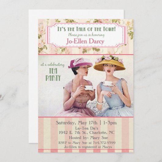 Retro Tea Party Uitnodiging (Voorkant / Achterkant)