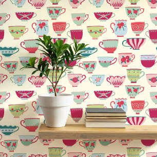 Retro Teacups Crème Behang