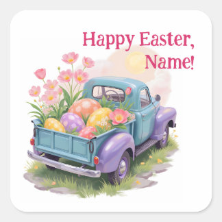 Retro Teal & Purple Truck with Easter Eggs Vierkante Sticker