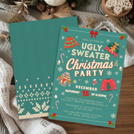Retro Teal Ugly Sweater Christmas Party Invitation