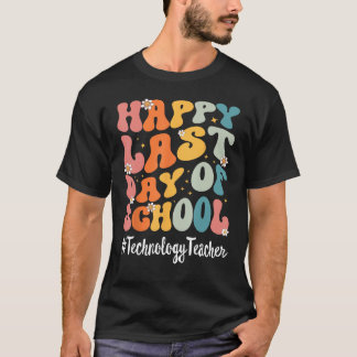 Retro technologie leraar blij laatste dag van de s t-shirt