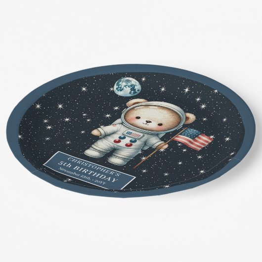 Retro Teddy Bear Astronaut eerste verjaardagsfeest Papieren Bordje (Gekanteld)