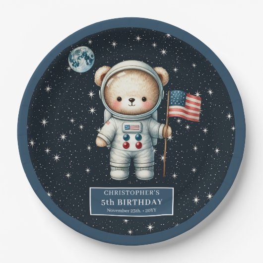 Retro Teddy Bear Astronaut eerste verjaardagsfeest Papieren Bordje (Voorkant)