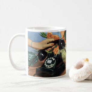 Retro telefoon met draaischijf, vintage bedrijf koffiemok