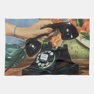 Retro telefoon met draaischijf, vintage bedrijf theedoek