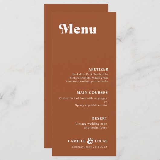 Retro Terracotta Rust Menu Mariage (Devant / Derrière)