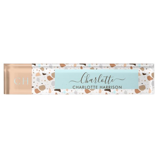 Retro Terrazzo Mosaic Earth Tones Patter Monogram Naambordje (Voorkant)