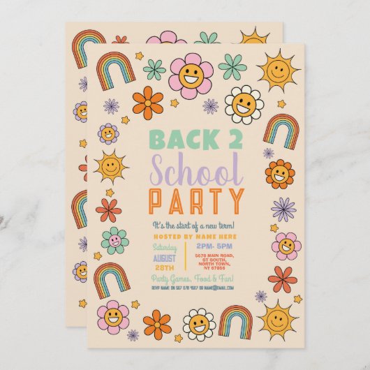 Retro Terug naar School Bus Party Flower 70s Kaart (Voorkant / Achterkant)