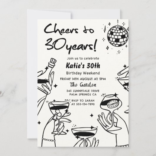 Retro Terug Witte Hand Getrokken Funky 30e Verjaar Kaart (Voorkant)