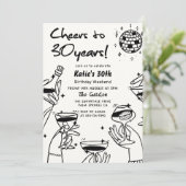 Retro Terug Witte Hand Getrokken Funky 30e Verjaar Kaart (Staand voorkant)