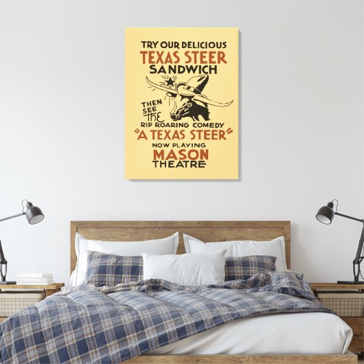 Retro Texas Steer Sandwich en theaterspeeladverten Canvas Afdruk (Insitu (Slaapkamer))