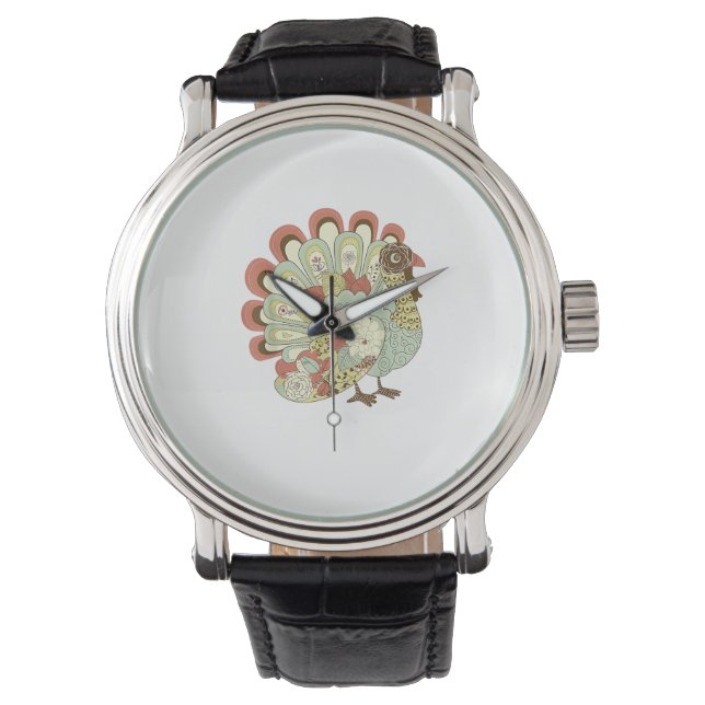 Retro Thanksgiving Turkije -  Bloemen Horloge (Voorkant)