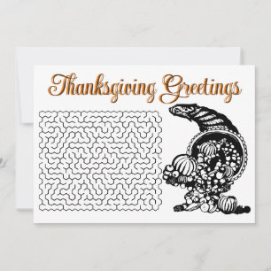 Retro Thanksgiving Wensen Maze en Hoorn van Overvl Feestdagenkaart
