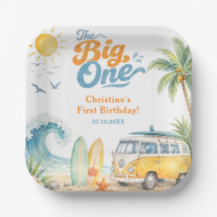 Retro The Big One Surf Beach 1e Verjaardag Papieren Bordje