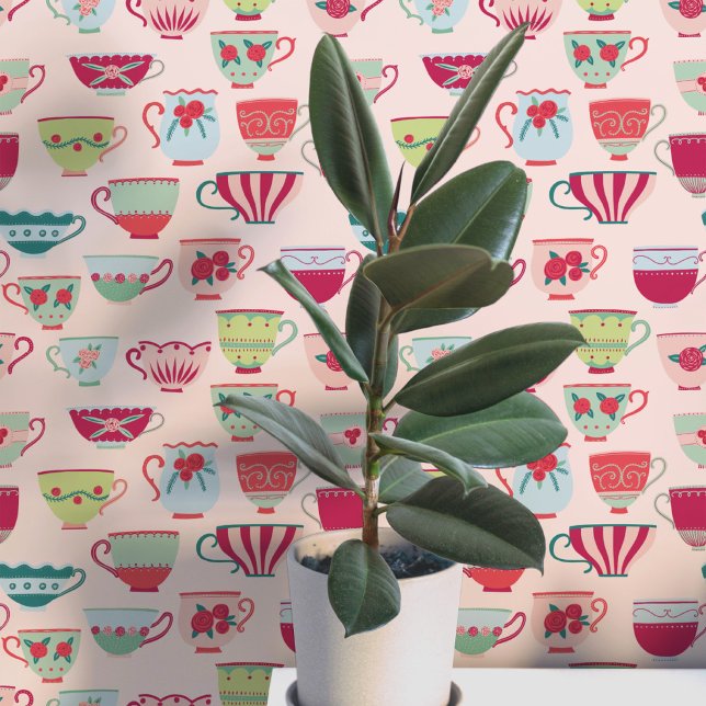 Retro Theekopjes Roze Behang (Retro teacup pattern art wallpaper)
