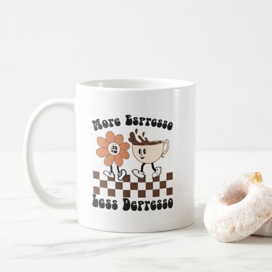 Retro thema "Meer Espresso Minder Depresso" Mok (Met donut)