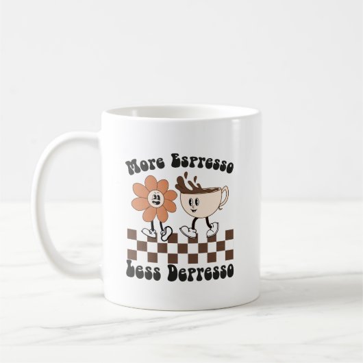 Retro thema "Meer Espresso Minder Depresso" Mok (Links)
