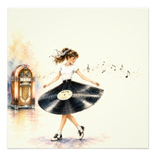 Retro tiener meisje danst op de jukebox foto afdruk