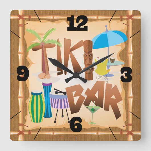 Retro Tiki Bar Vierkante Klok (Voorkant)