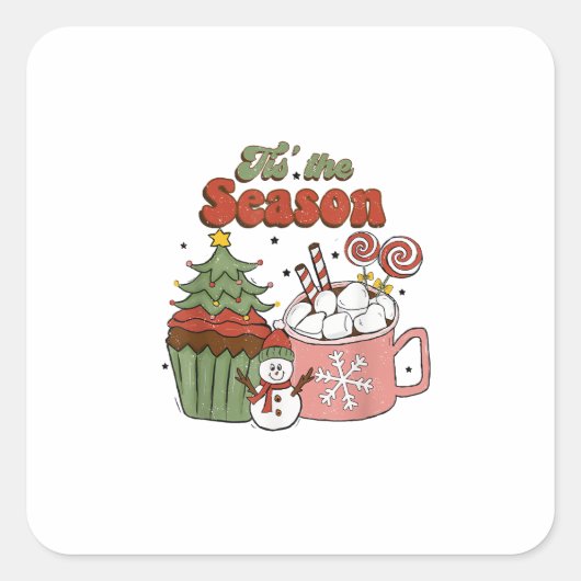 Retro Tis The Season Christmas Tree Coffee Snowman Vierkante Sticker (Voorkant)