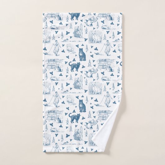  Retro Toile Patroon Cat Catnip Wit Blauw Bad Handdoek (Handdoek)