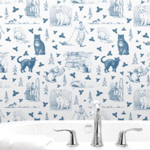 Retro Toile Patroon Cat Catnip Wit Blauw Behang