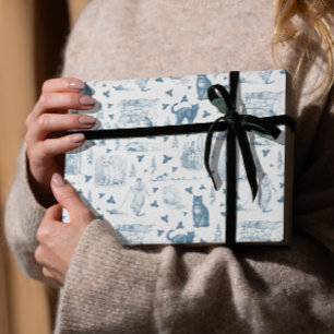  Retro Toile Patroon Cat Catnip Wit Blauw Cadeaupapier