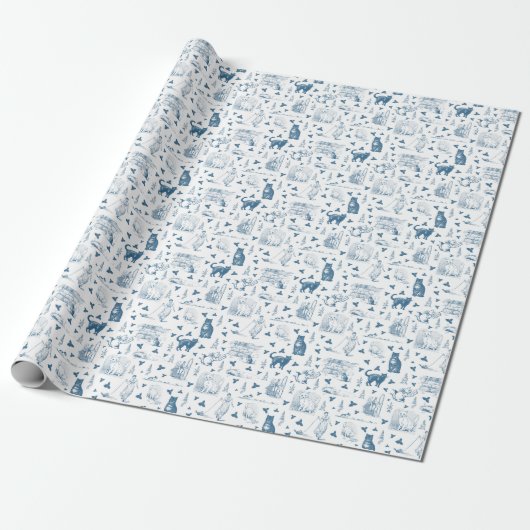Retro Toile Patroon Cat Catnip Wit Blauw Cadeaupapier (Uitgerold)