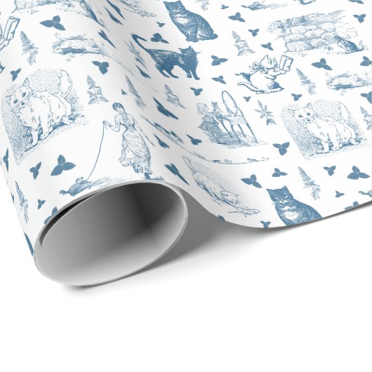  Retro Toile Patroon Cat Catnip Wit Blauw Cadeaupapier (Rol Hoek)