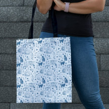Retro Toile Patroon Cat Catnip Wit Blauw